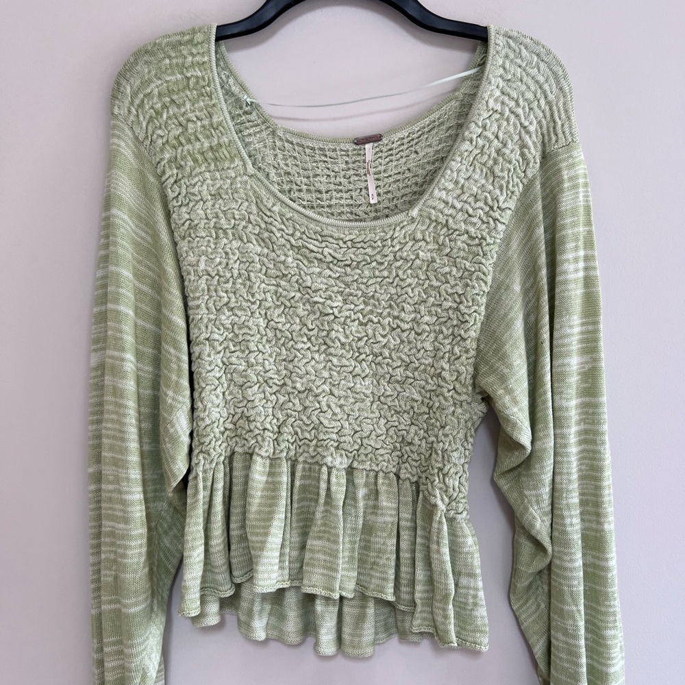 Free People Free Spirit Smocked Knit Peplum Sweater Crop Top, Seafoam Green, S - Picture 4 of 12